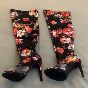 Gorgeous floral thigh high boots, size 5 1/2, excellent condition.  Slide on.